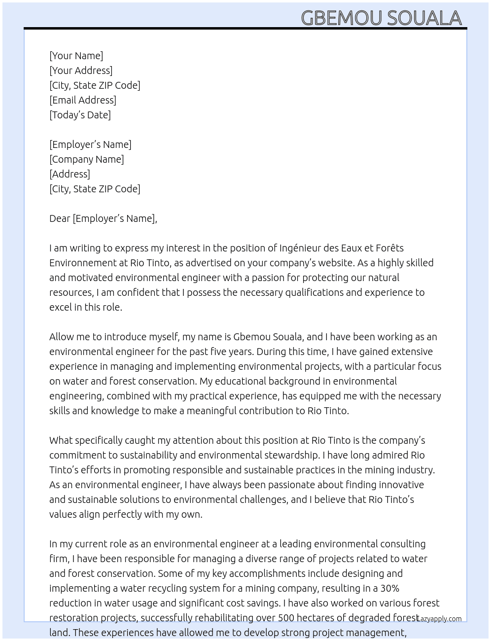 Ingénieur des Eaux et Forêts Environnement  At Rio Tinto Cover Letter