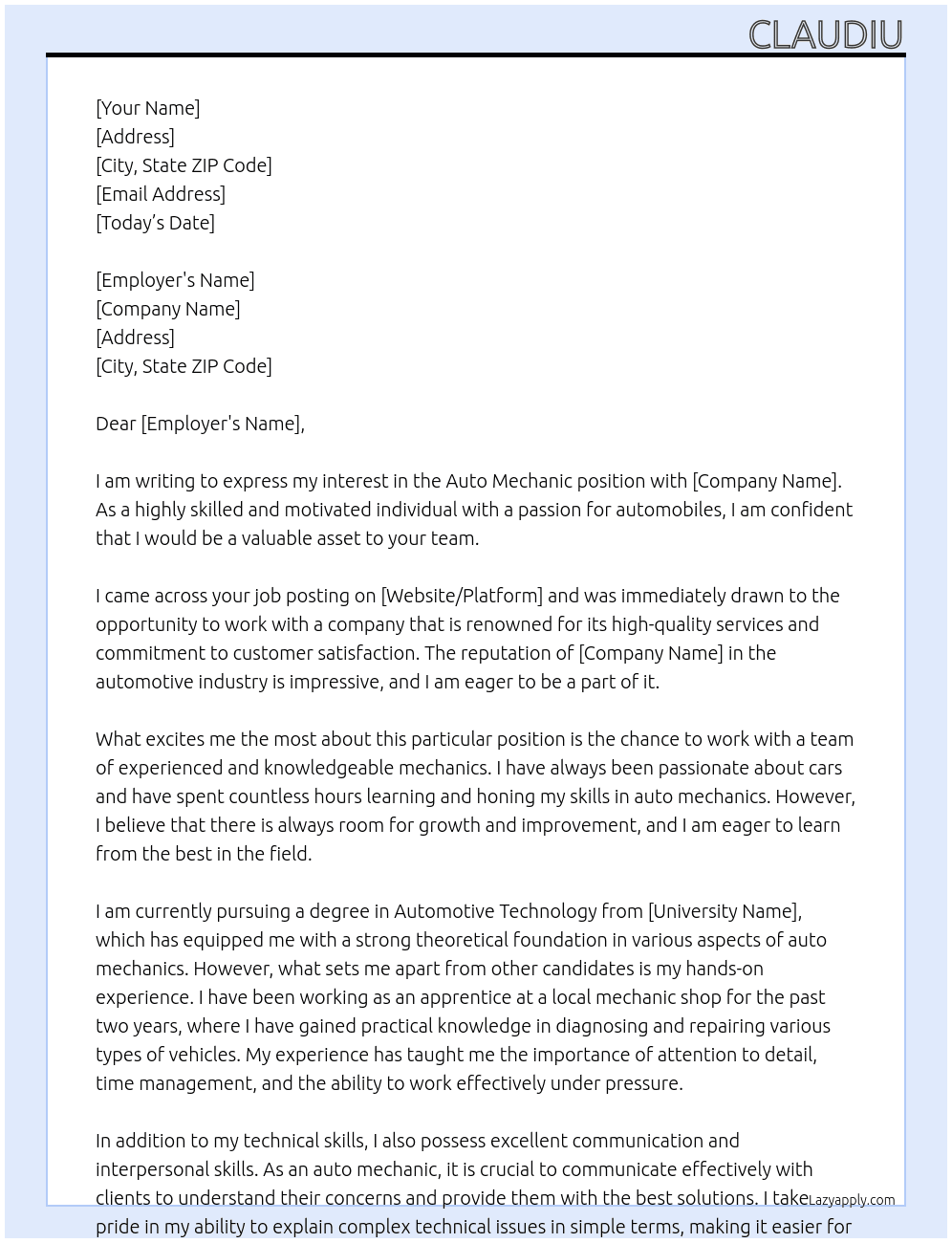 Auto mechanic At Internship Cover Letter