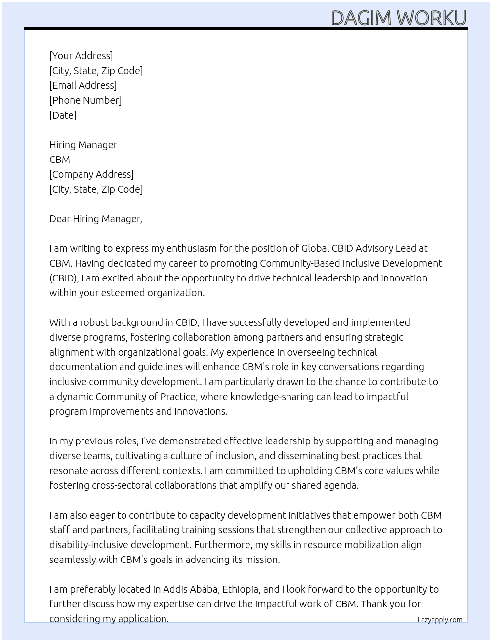 Global CBID Advisory Lead At cbm Cover Letter