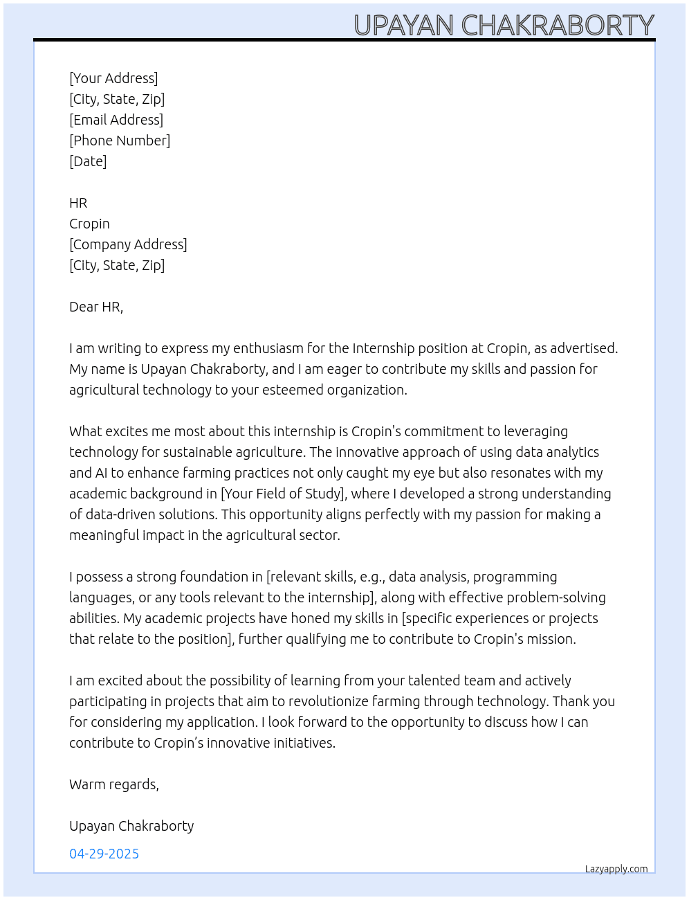 Internship At Cropin Cover Letter