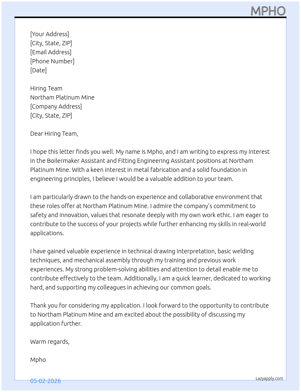 Cover letter for boilermaker assistant and fitting engineering assistant - LazyApply