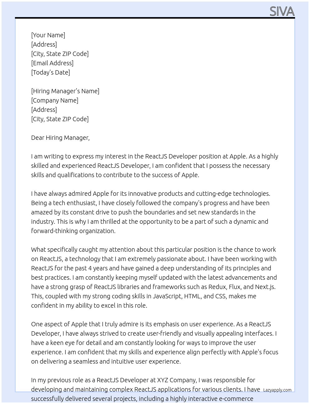 ReactJS Developer At Apple Cover Letter