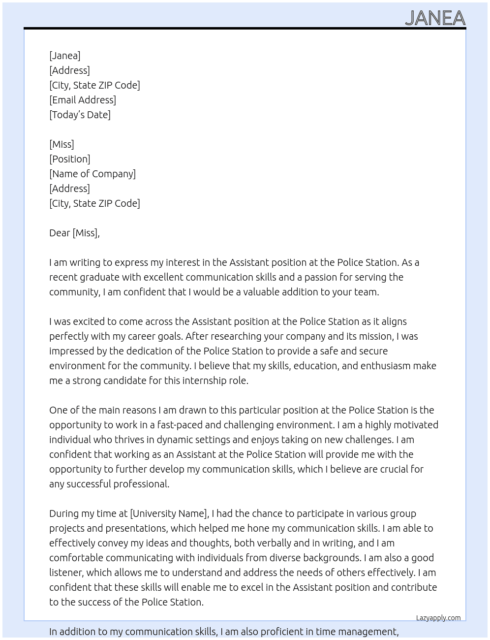 assistant At police station Cover Letter