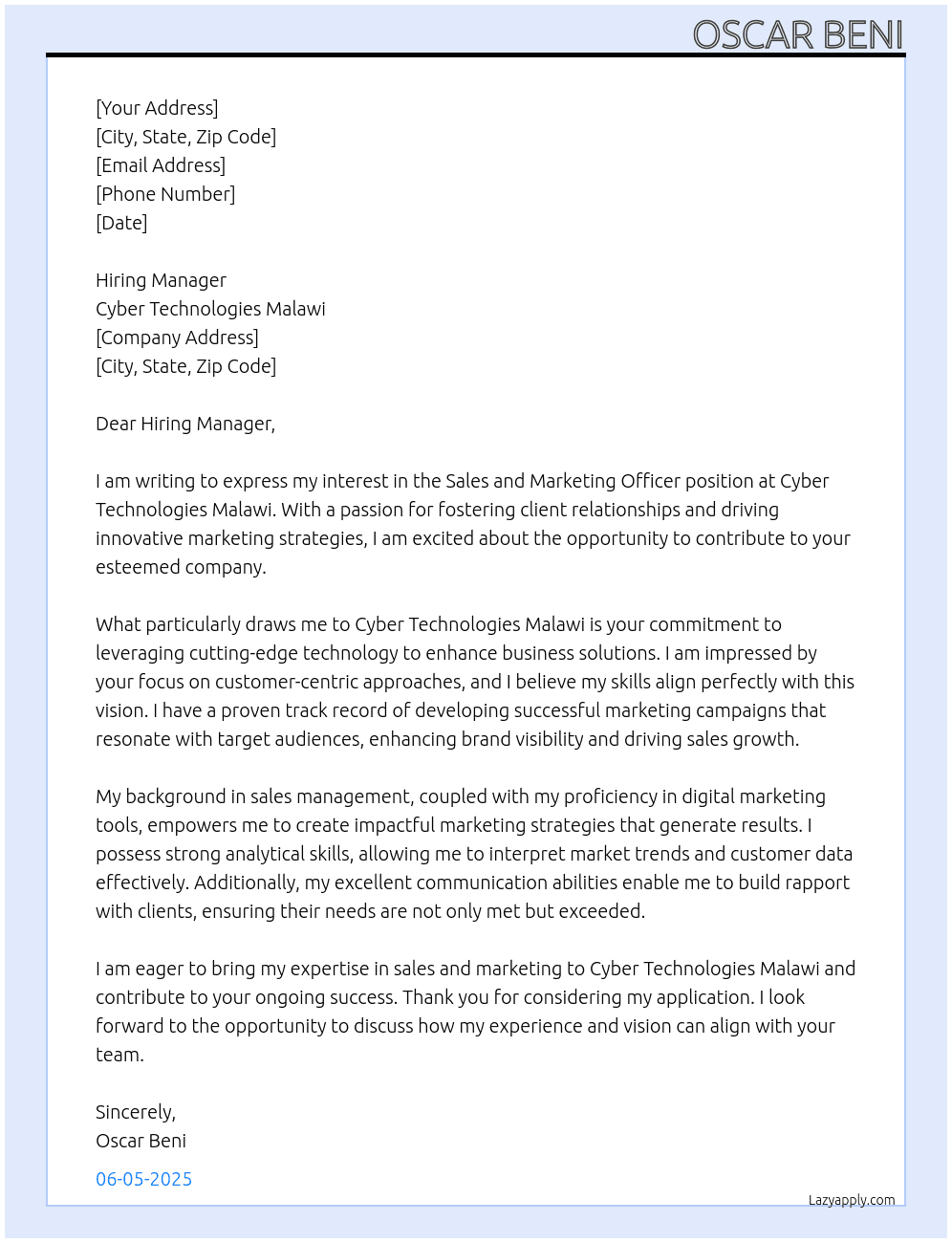 Sales and marketing officer  At Cyber Technologies Malawi  Cover Letter