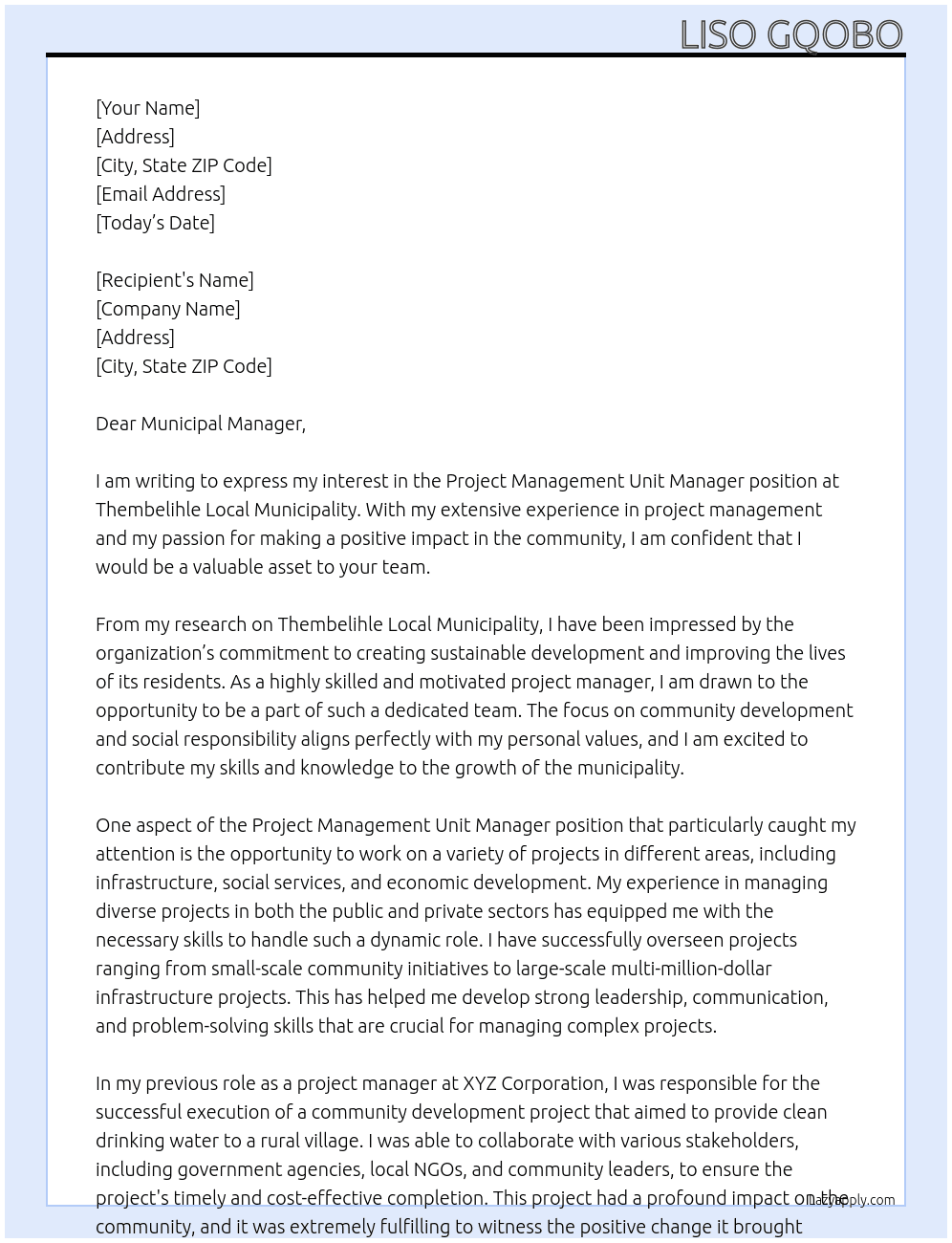 Project management unit Manager At Thembelihle Local Municipality Cover Letter