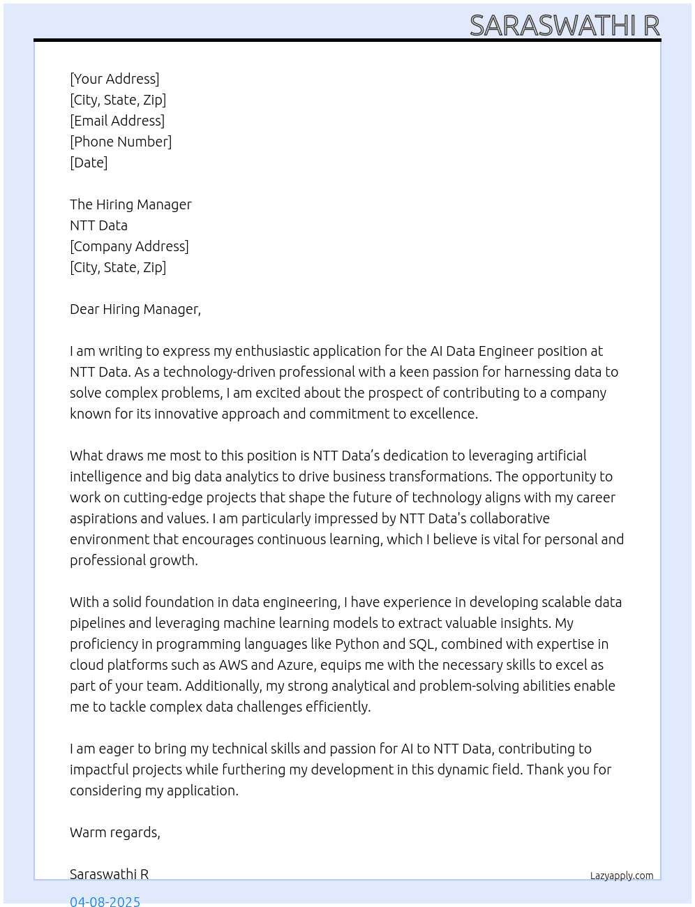 AI Data engineer At NTT Data Cover Letter