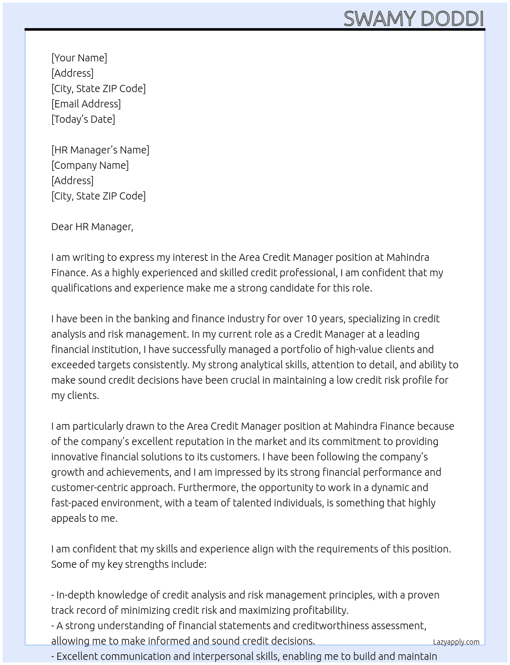 Area Credit Manager At Mahindra Finance Cover Letter