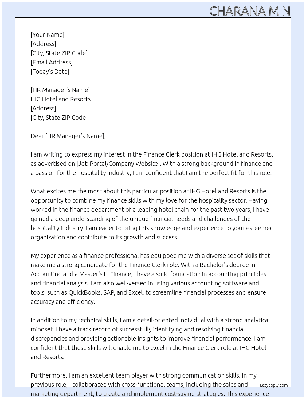 Finance Clerk  At IHG Hotel and Resorts  Cover Letter