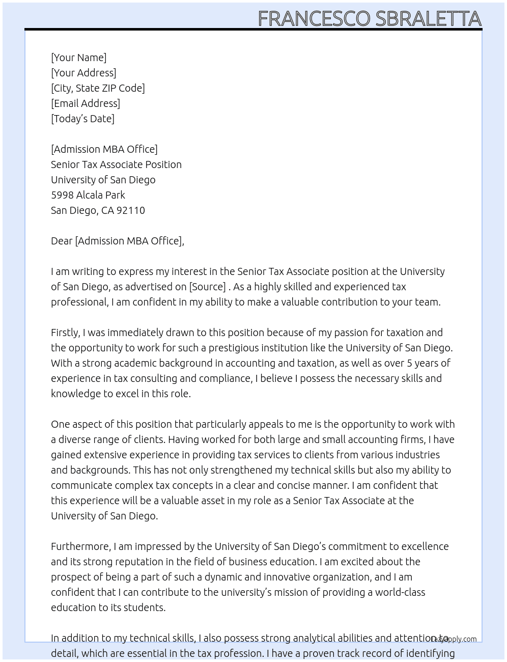 Cover letter for senior tax associate - LazyApply