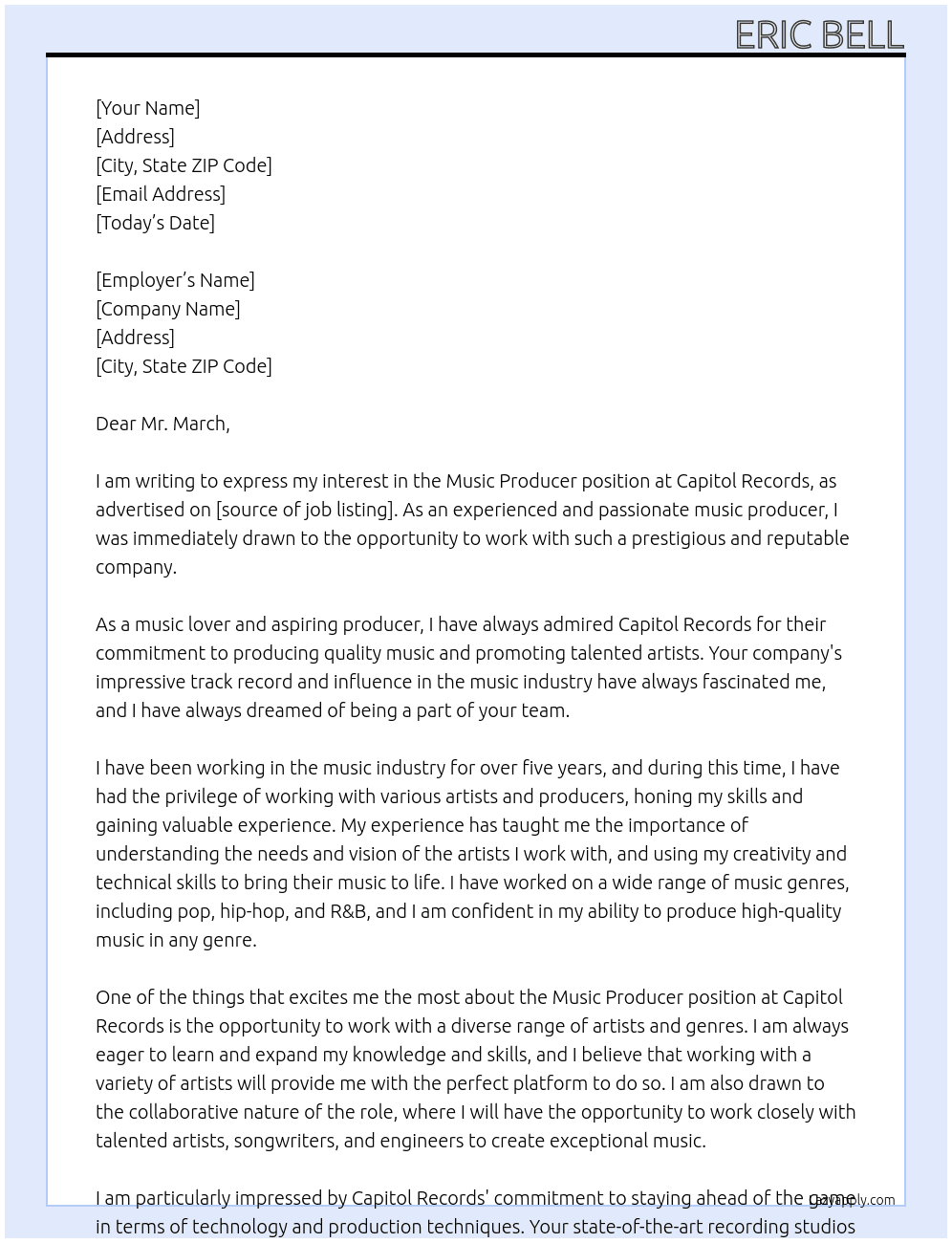 Music Producer At capitol records Cover Letter