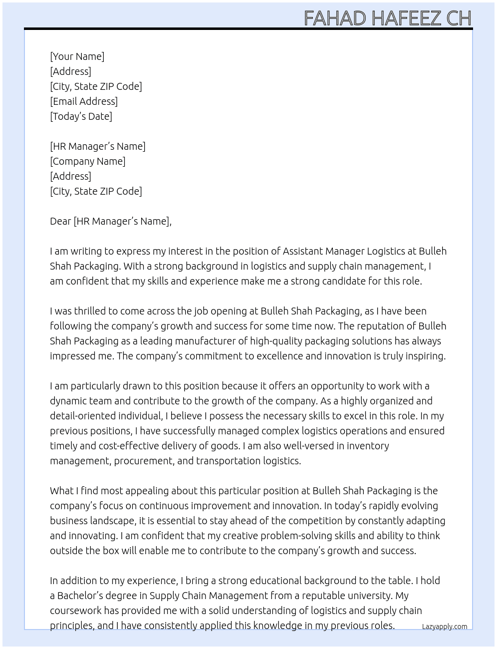 Cover letter for assistant manager logistics - LazyApply