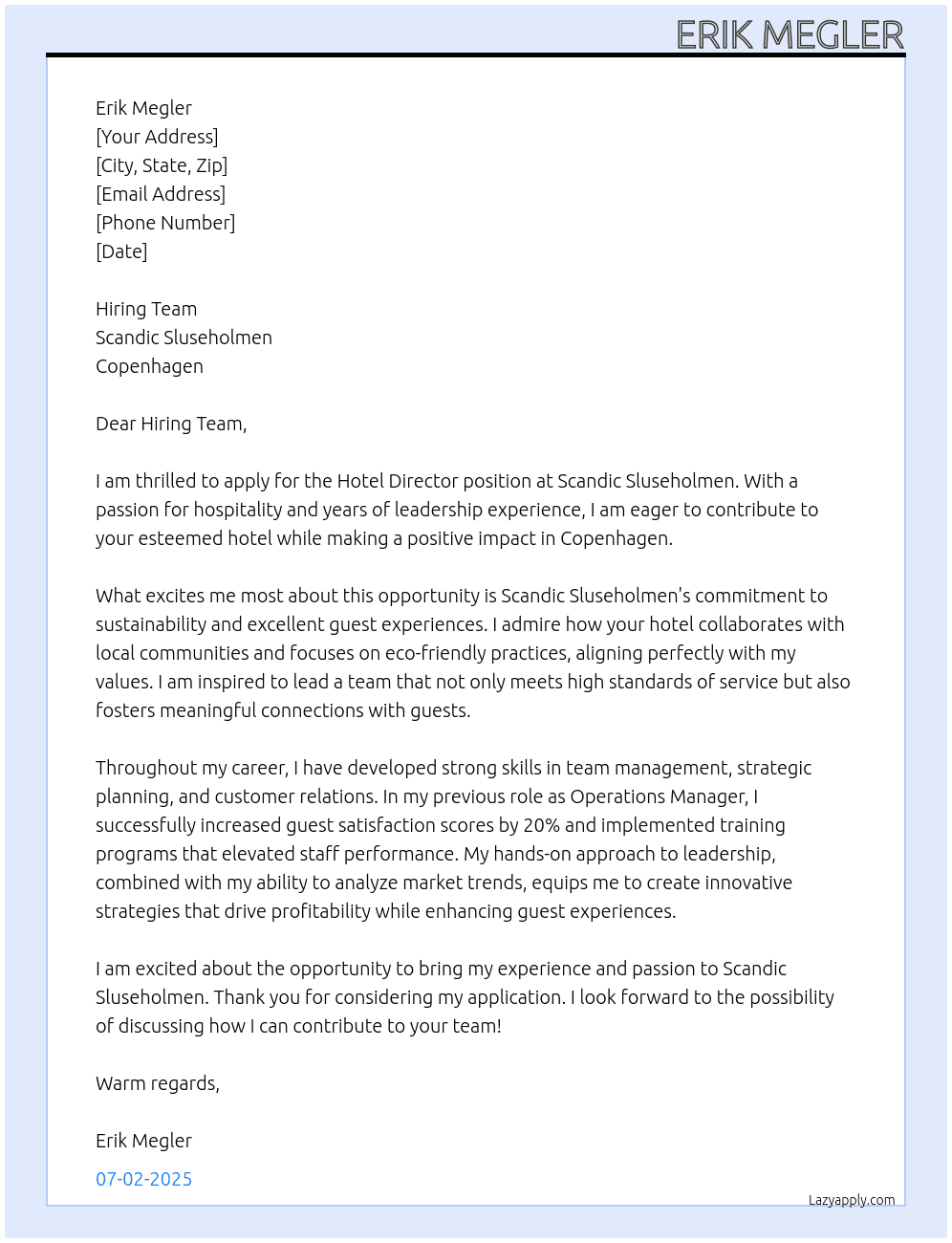 Hotel Director At Scandic Sluseholmen Cover Letter