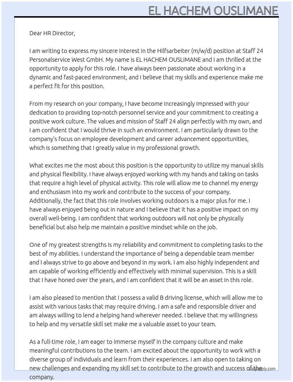 Hilfsarbeiter (m/w/d) At Staff 24 Personalservice West GmbH Cover Letter
