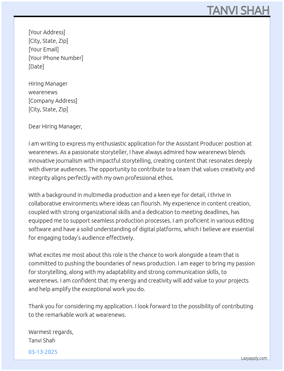 assistant producer At wearenews Cover Letter