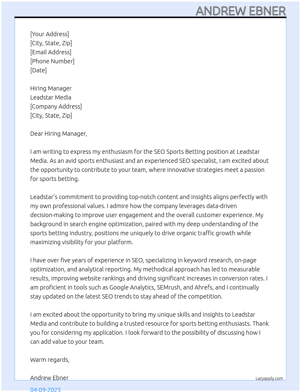 SEO Sports Bettinf At Leadstar  Cover Letter