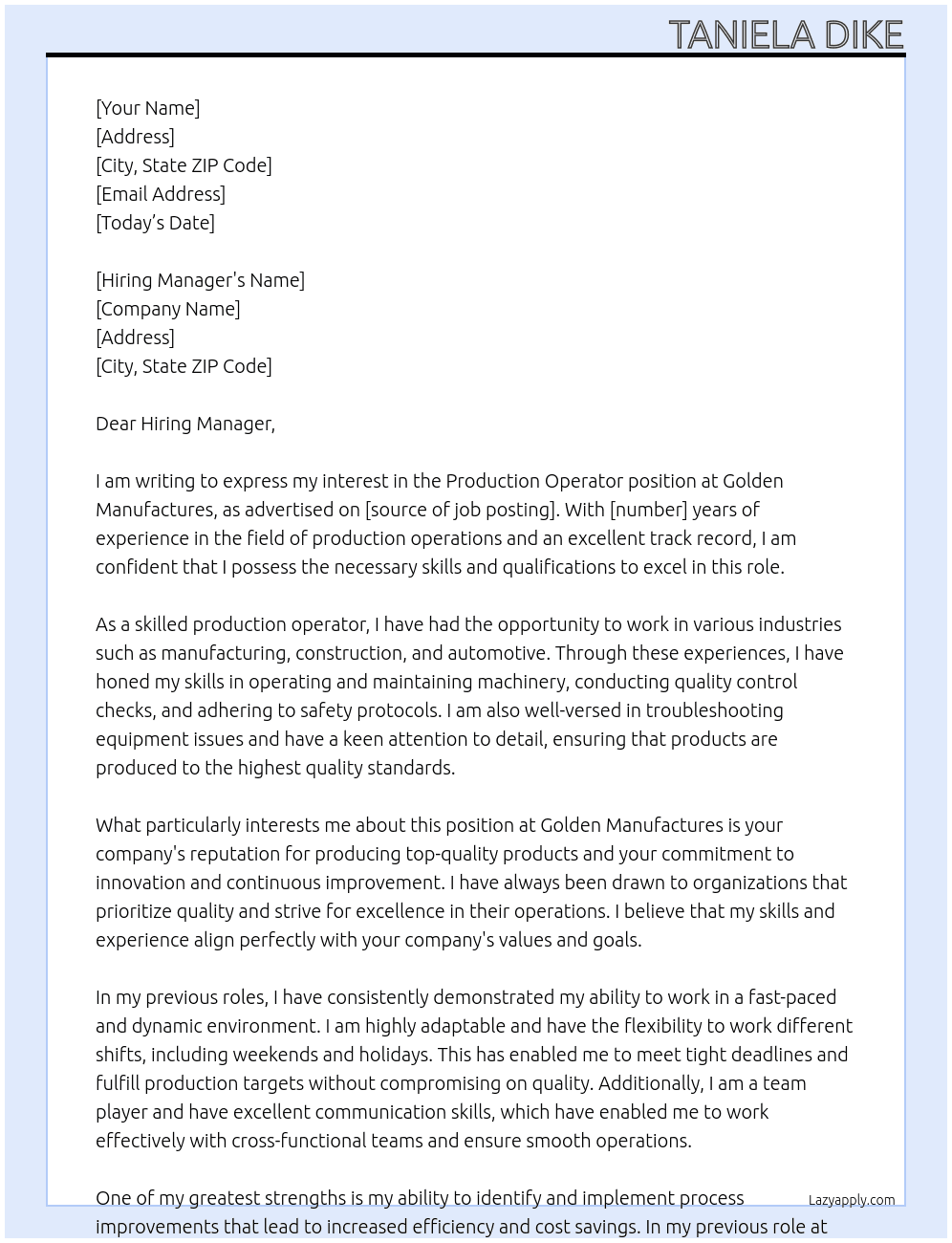 Production Operator At Golden Manufactures Cover Letter