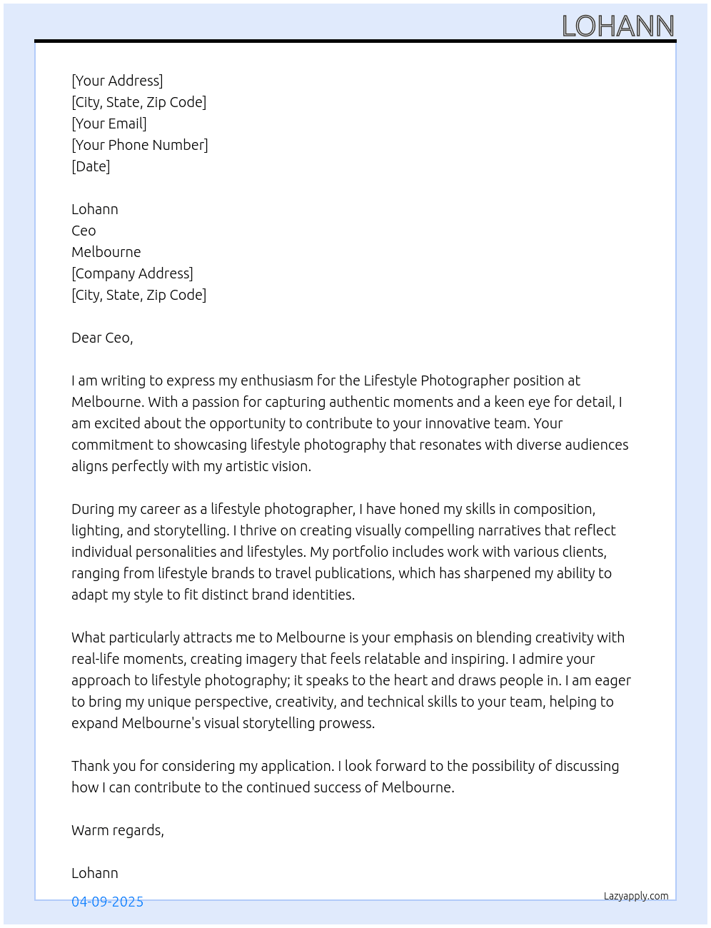 Lifestyle photographer At Melbourne Cover Letter