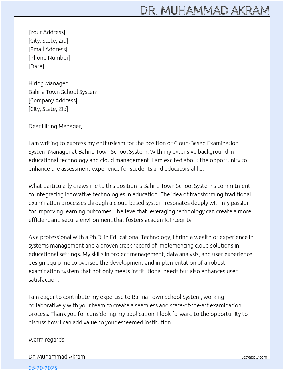 Cover letter for cloud based examination system manager - LazyApply