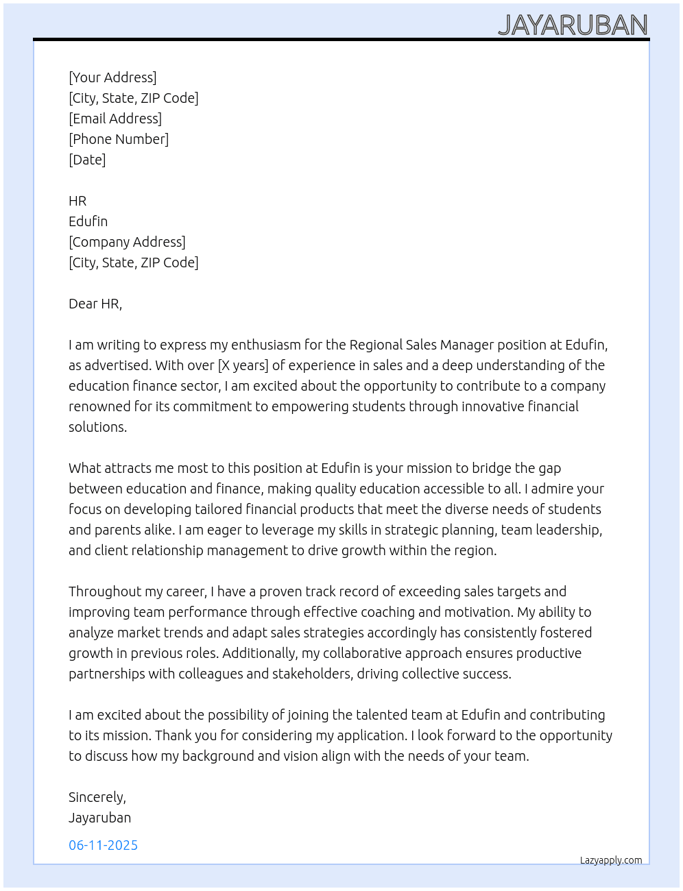 Regional sales manager  At Edufin Cover Letter