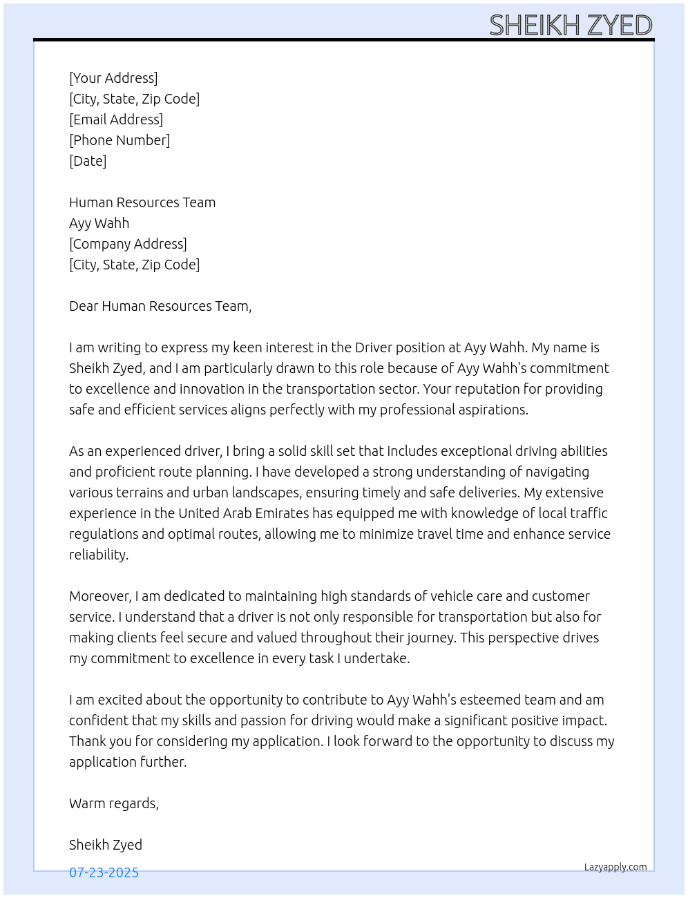 Driver  At Ayy wahh Cover Letter