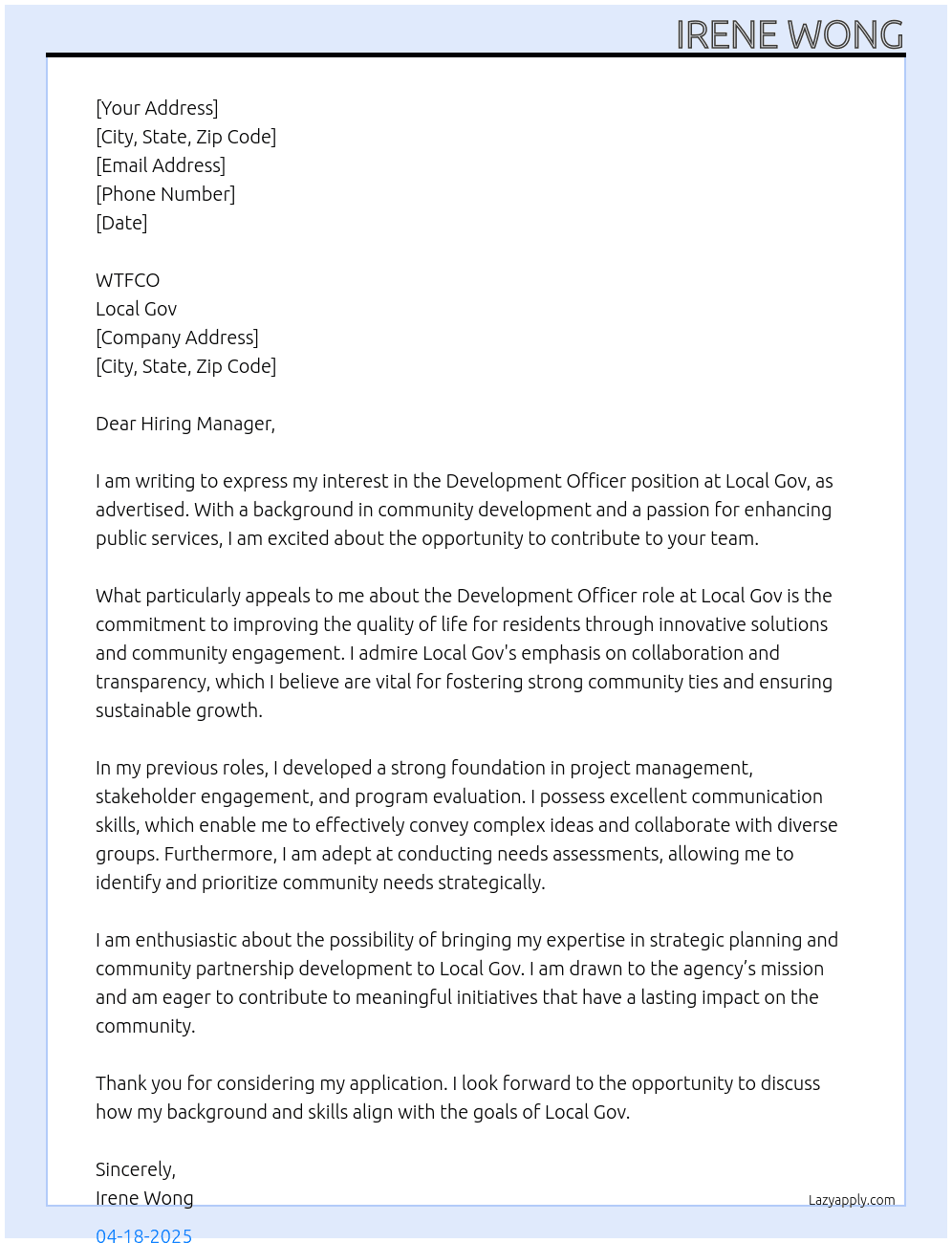 development officer At Local Gov Cover Letter