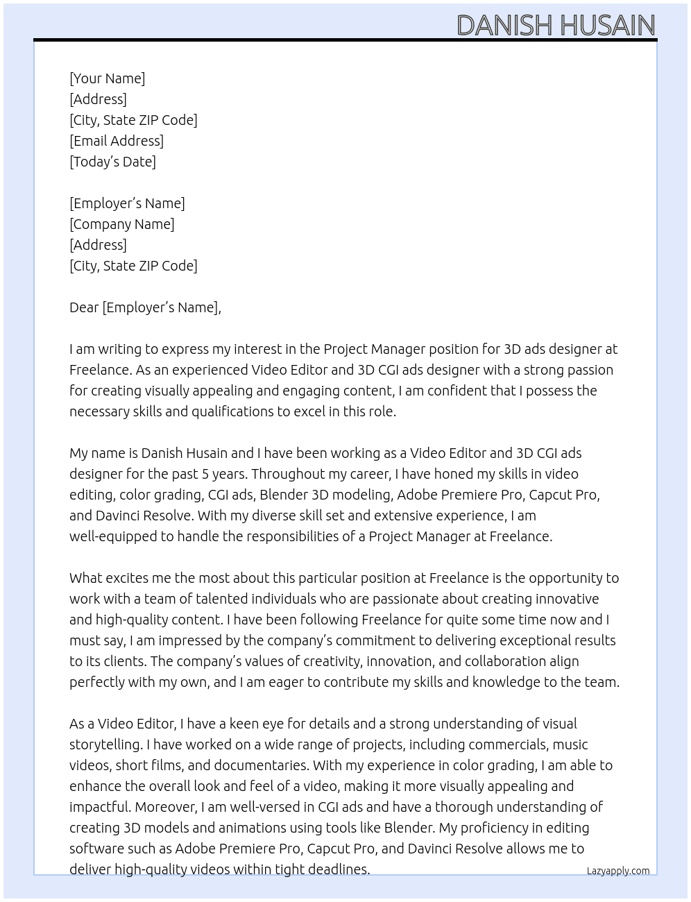Cover letter for 3d ads designer - LazyApply