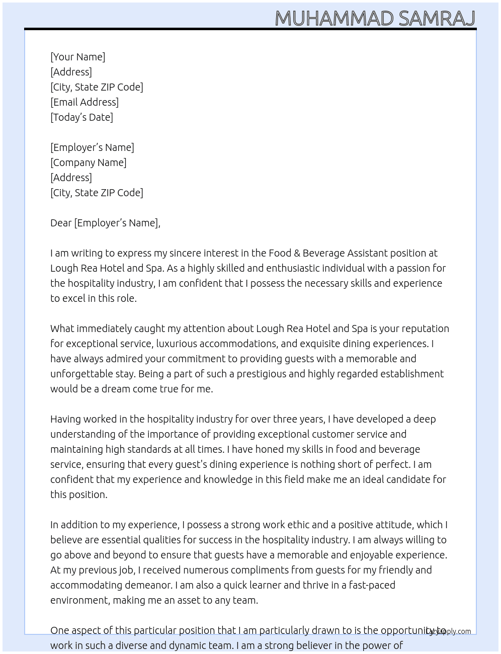 Food & Beverage Assistant At Lough Rea Hotel and Spa Cover Letter