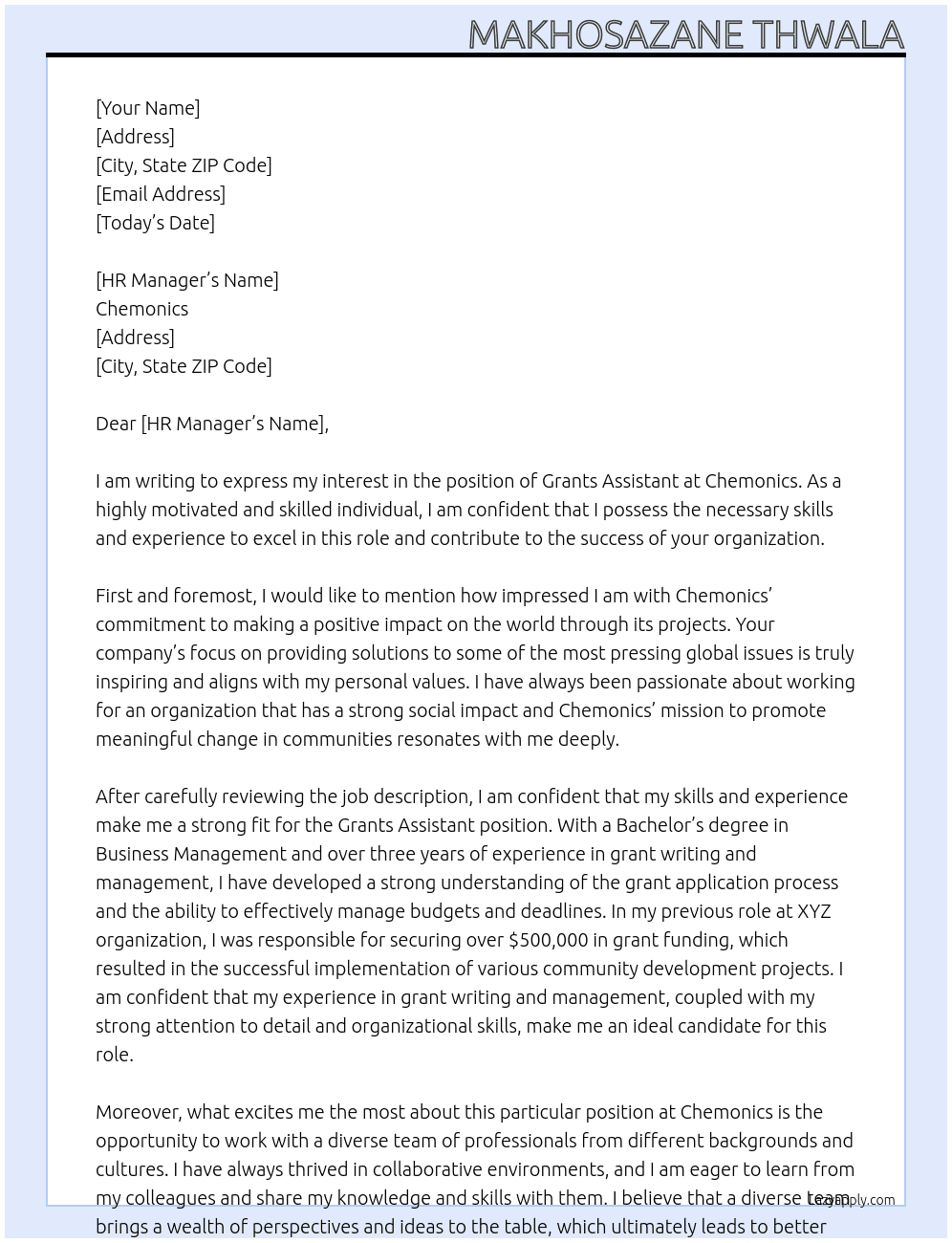 Grants Assistant At Chemonics Cover Letter