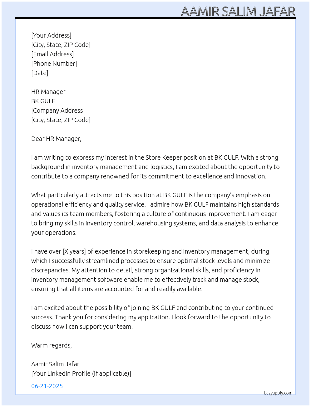 Store Keeper At BK GULF Cover Letter
