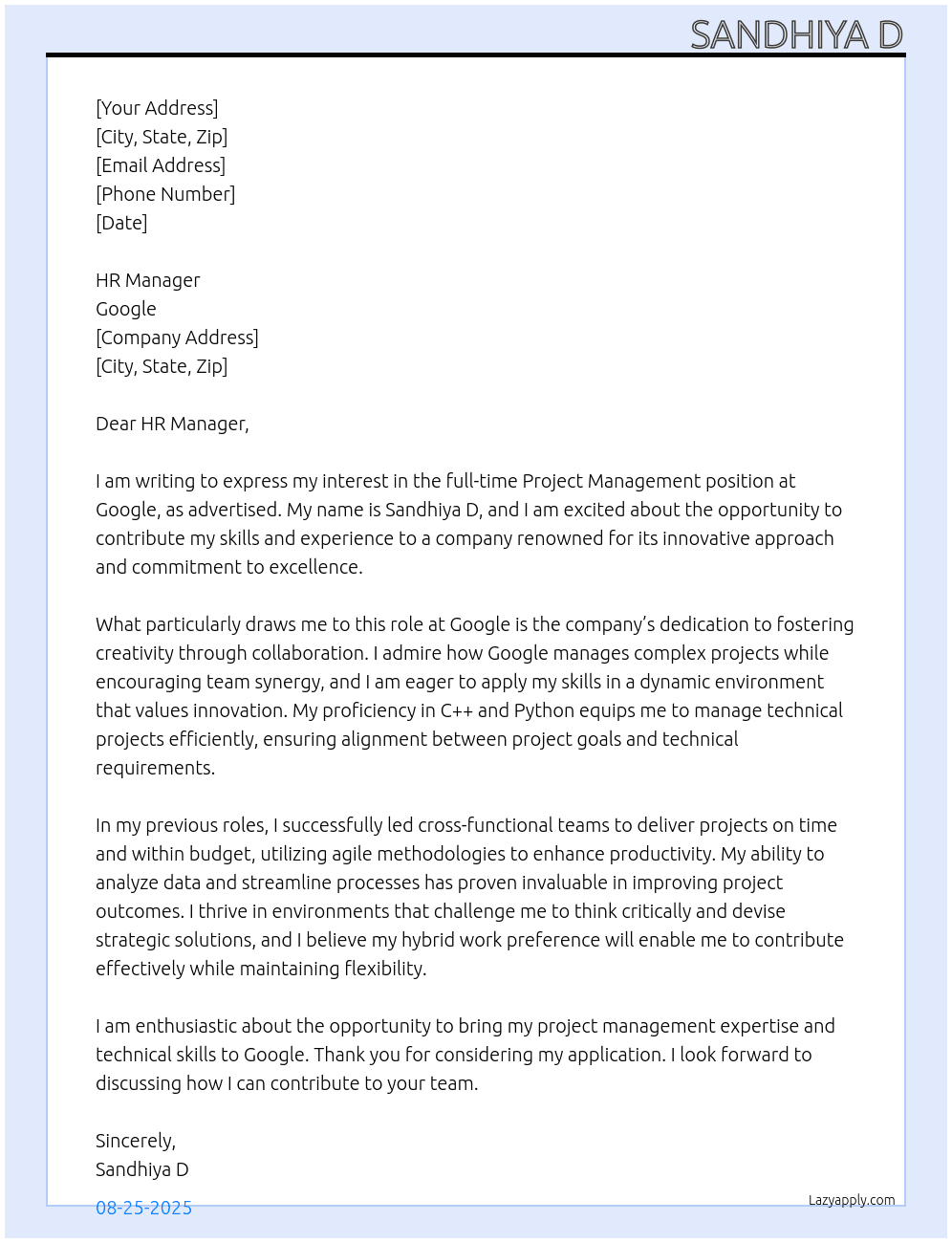 Project management At Google Cover Letter