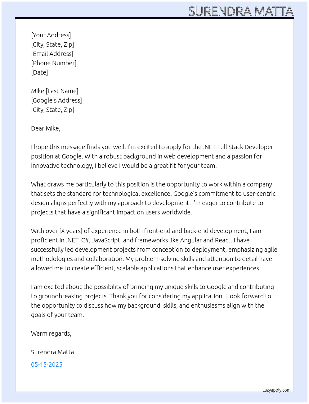 .NET FULL STACK DEVELOPER At Google Cover Letter