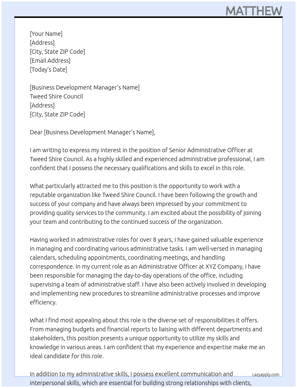 Senior Administrative Officer At Tweed Shire Council Cover Letter