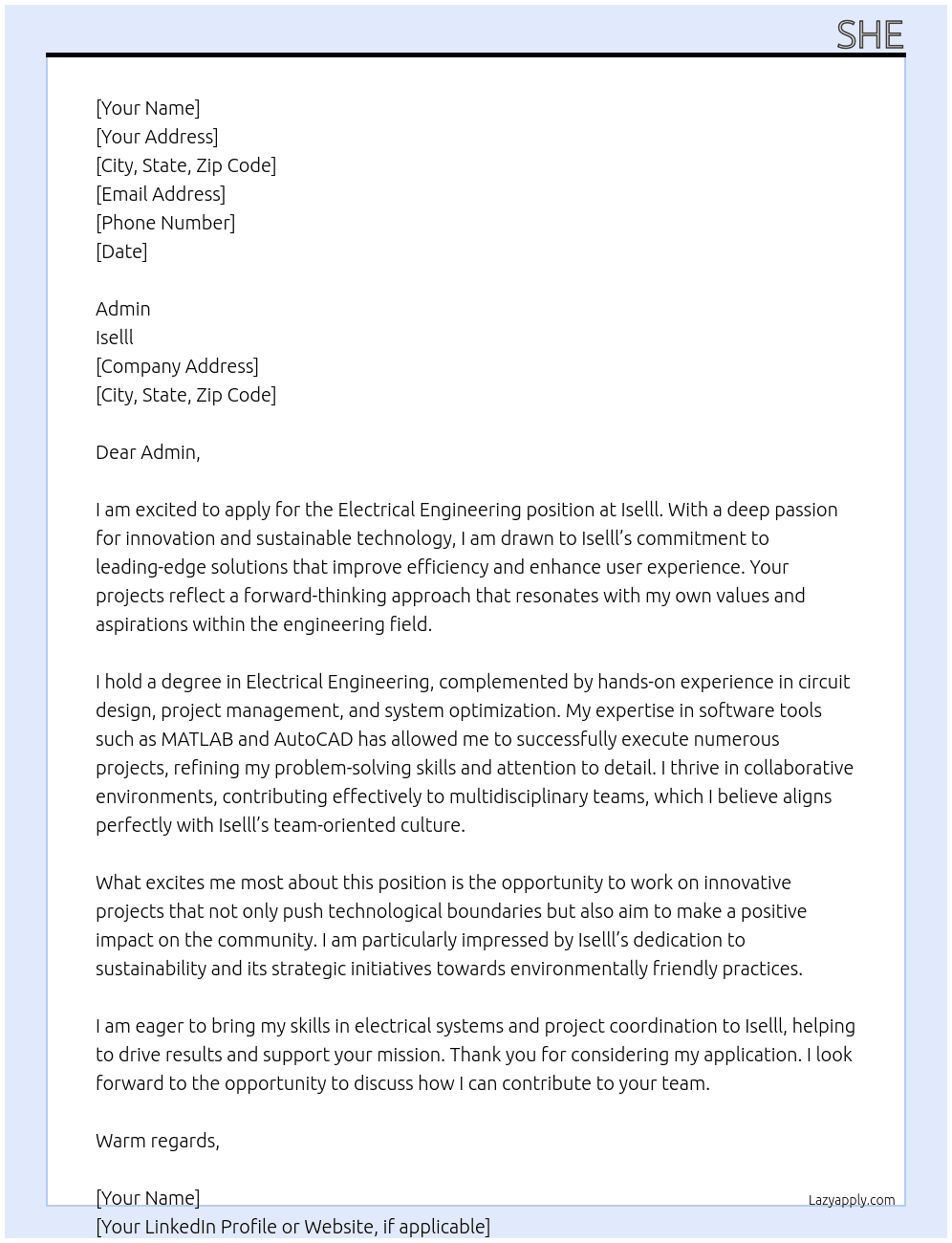 Electrical engineering At Iselll Cover Letter