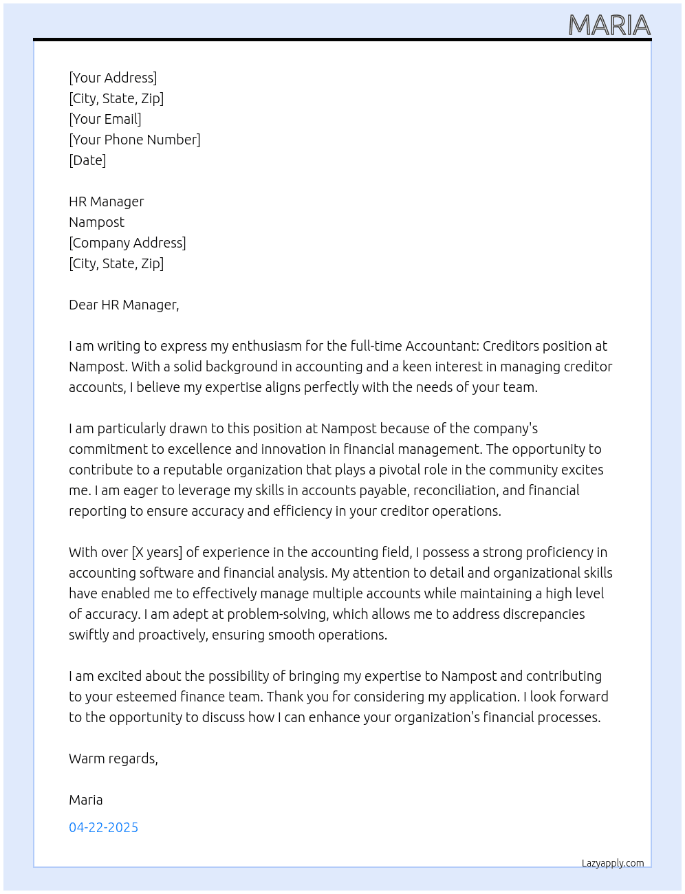 Accountant: Creditors At Nampost Cover Letter