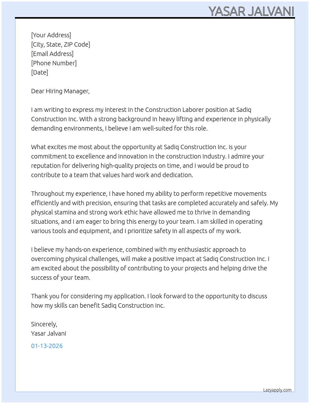 Cover letter for construction laborer - LazyApply