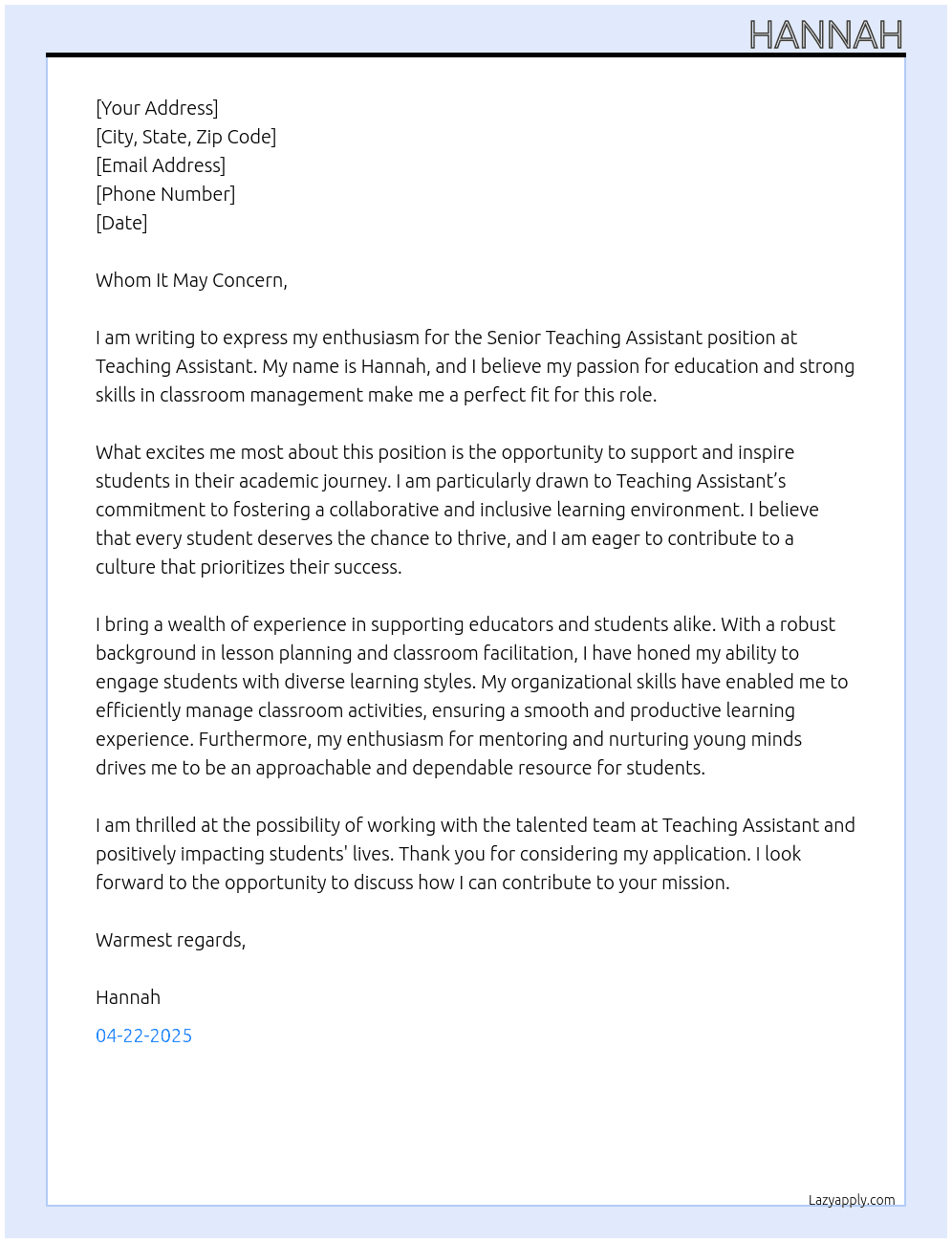 Sen teaching assistant At Teaching assistant Cover Letter