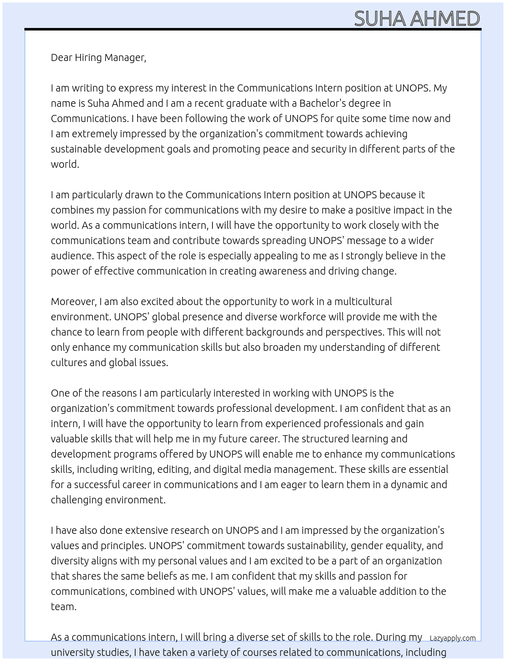 Communications Intern At UNOPS Cover Letter