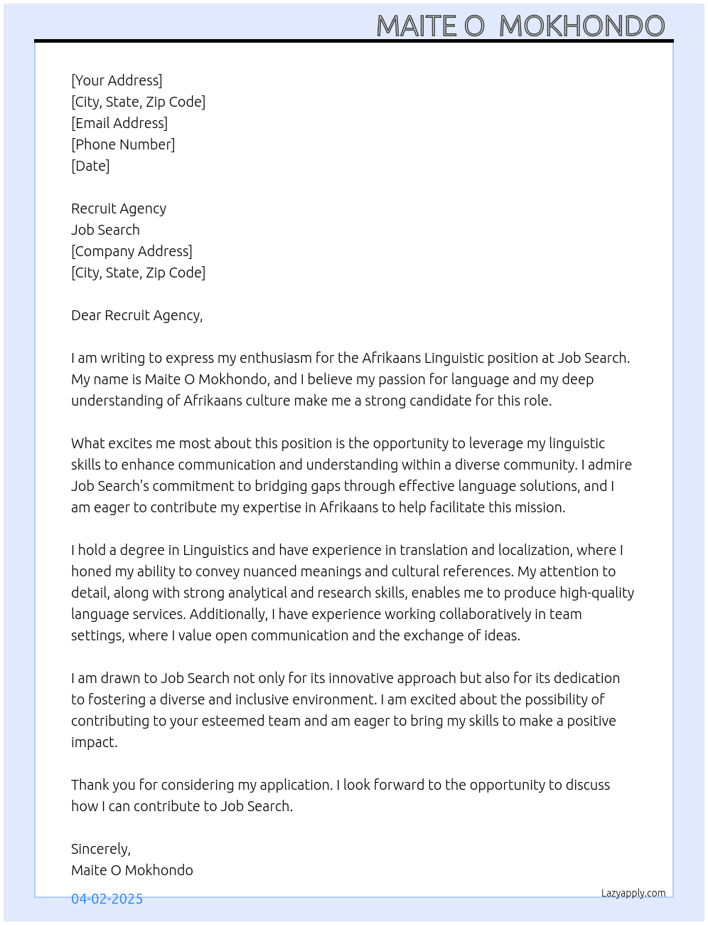 Afrikaans linguistic  At Job search  Cover Letter