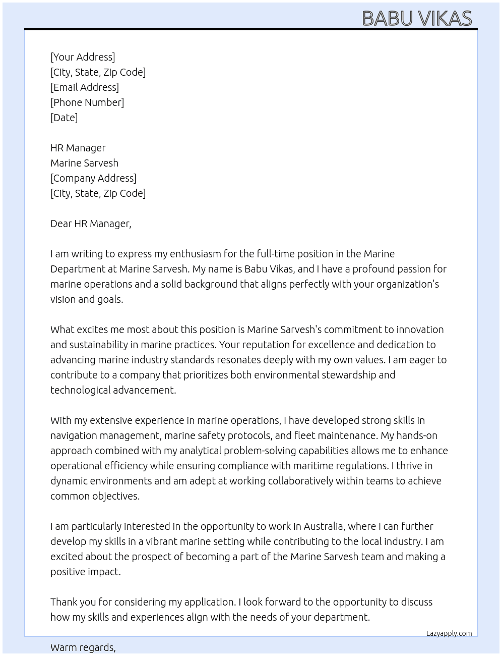 marine department  At marine sarvesh  Cover Letter