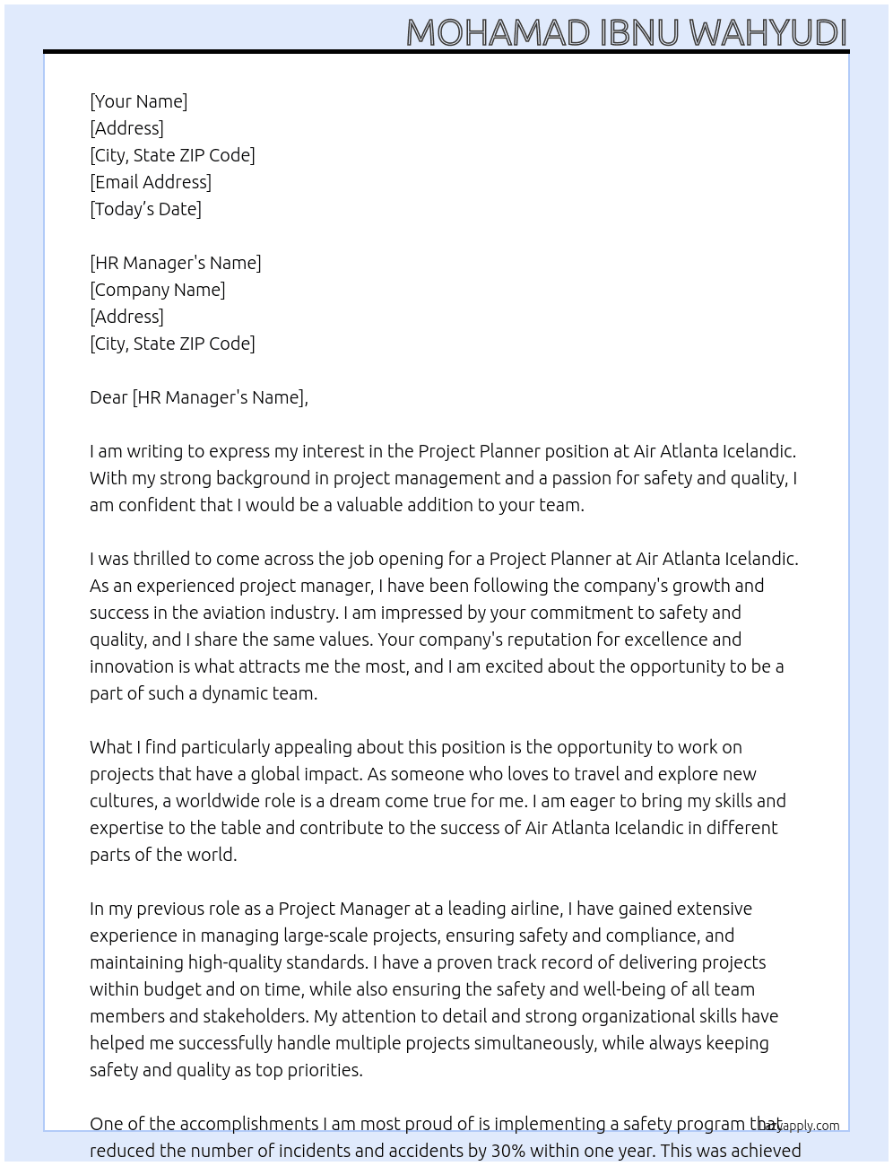 Cover letter for project planner - LazyApply
