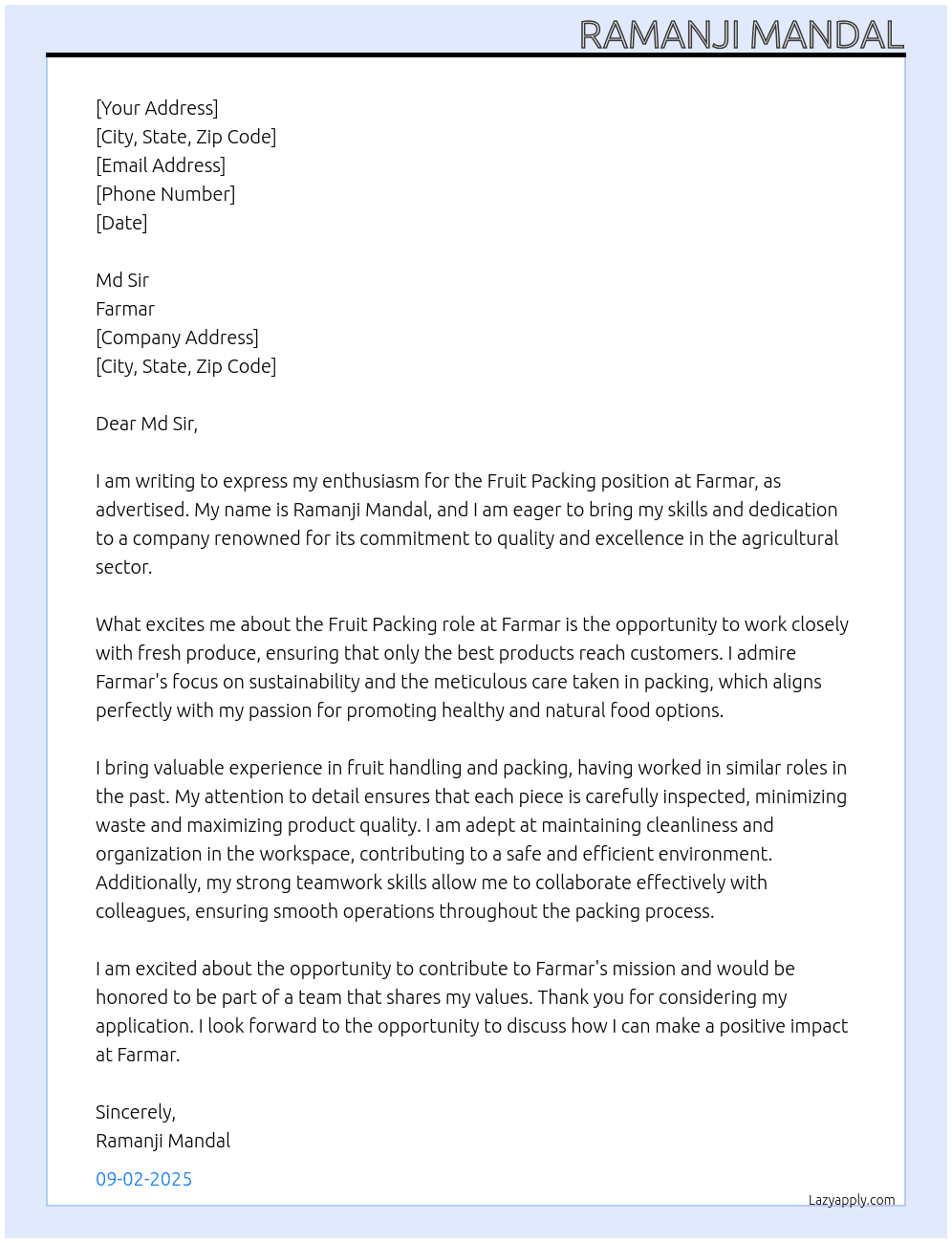 Fruit paking At Farmar Cover Letter