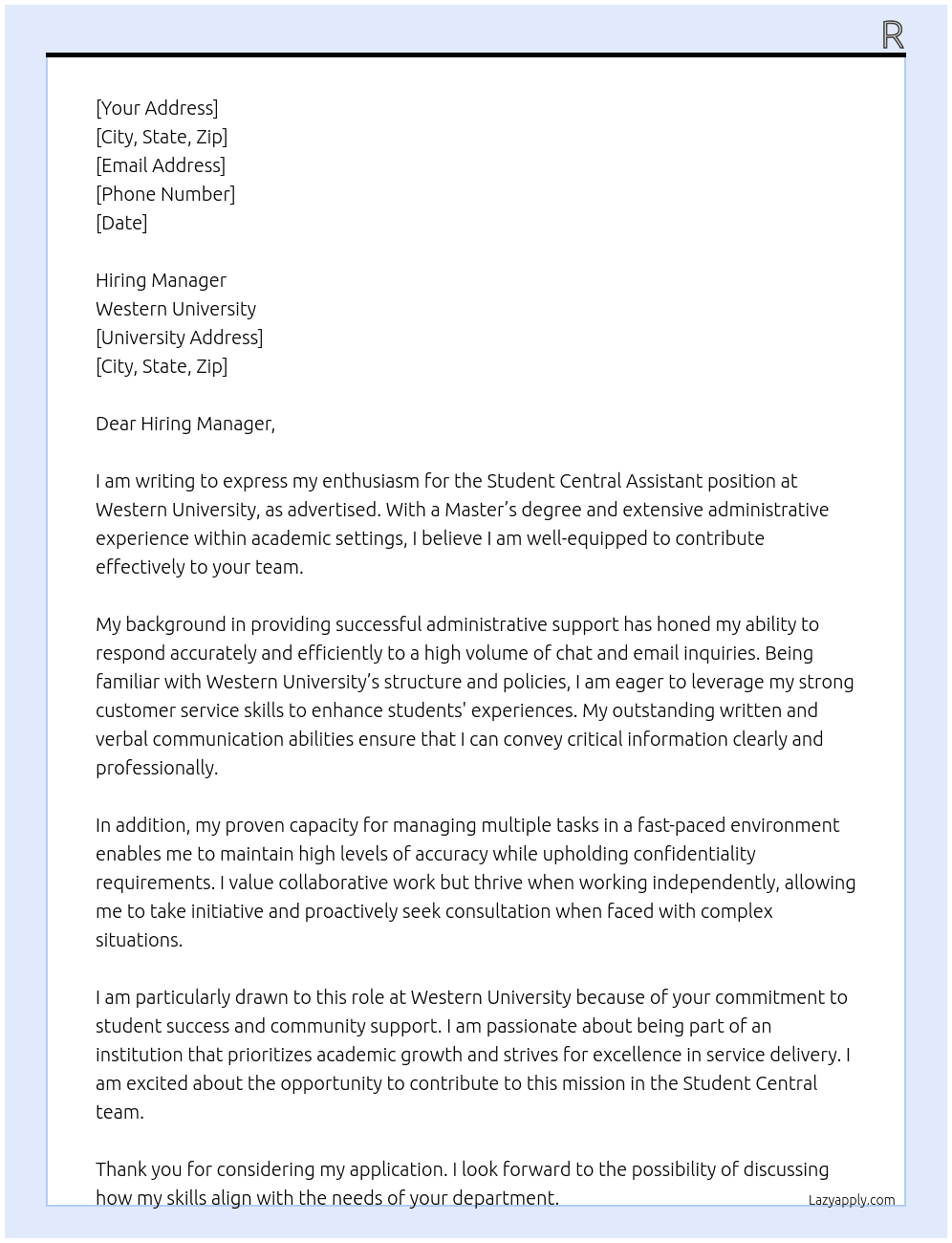 Student Central Assistant At Western University Cover Letter