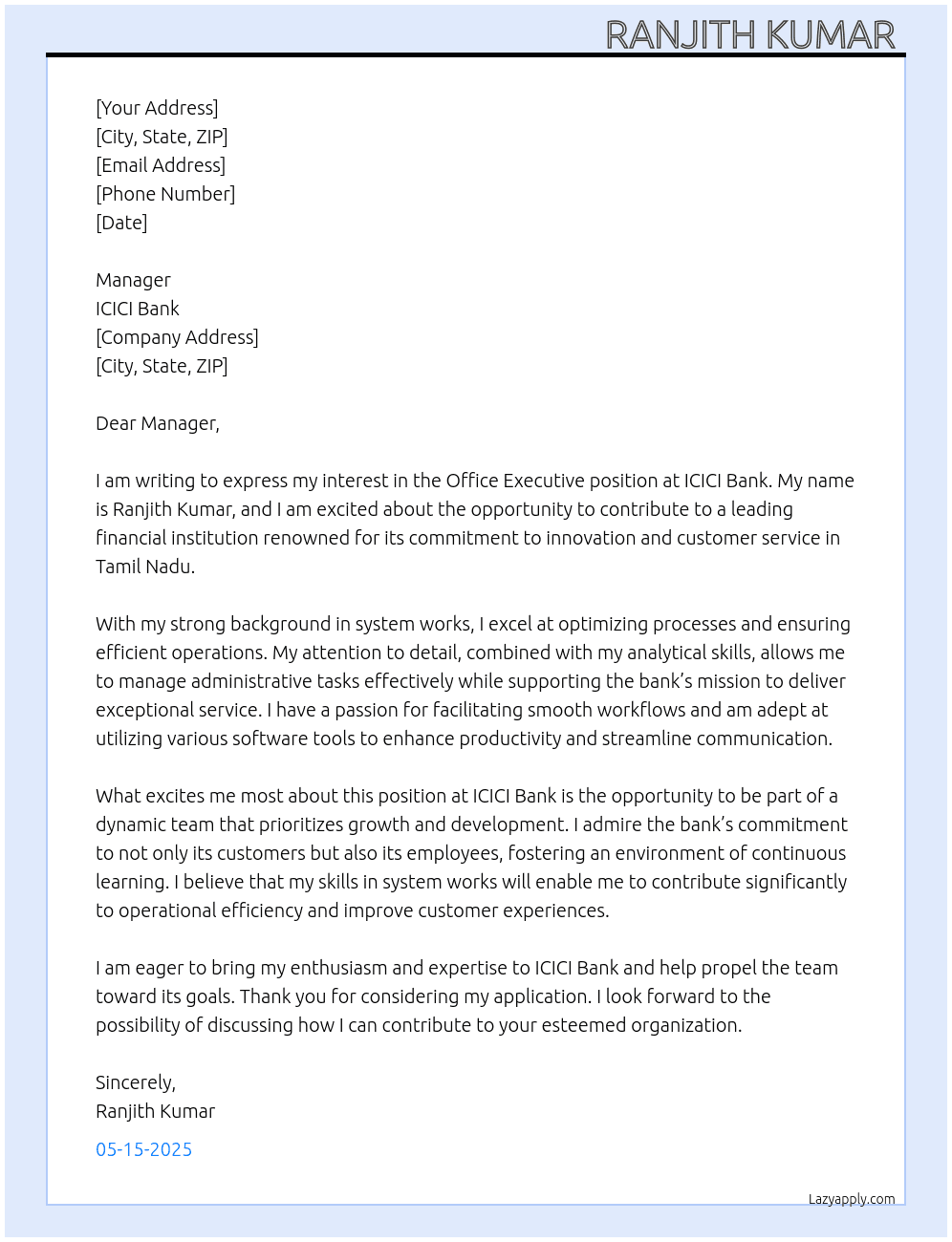 Office executive icici bank  At Icici bank  Cover Letter