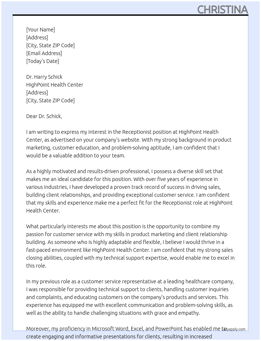 Receptionist  At HighPoint Health Center  Cover Letter