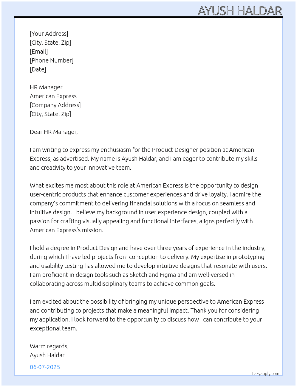 Product Designer At American Express Cover Letter