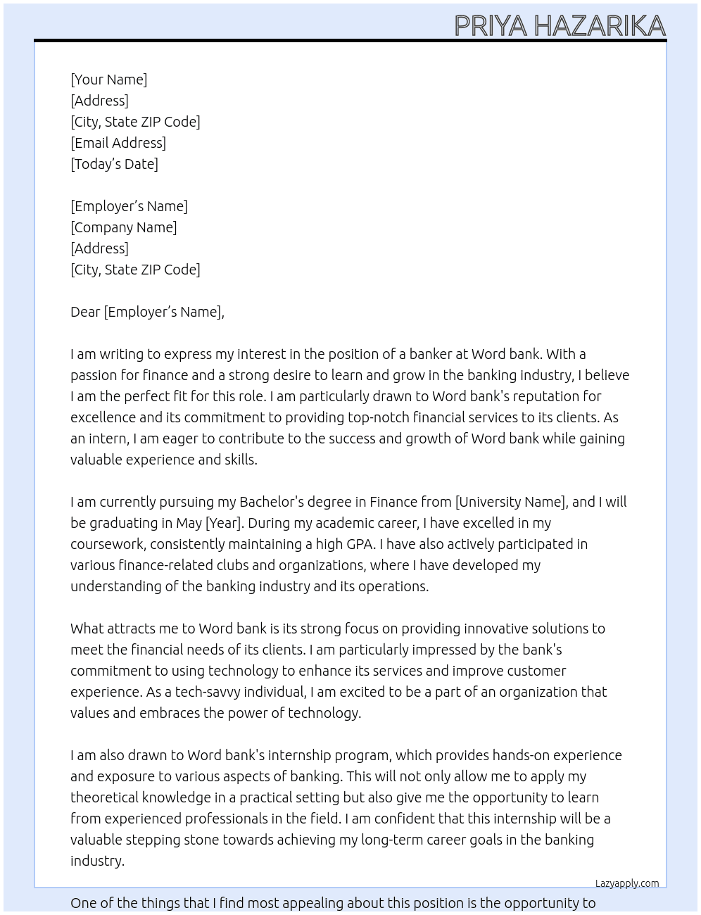 banker At Word bank Cover Letter