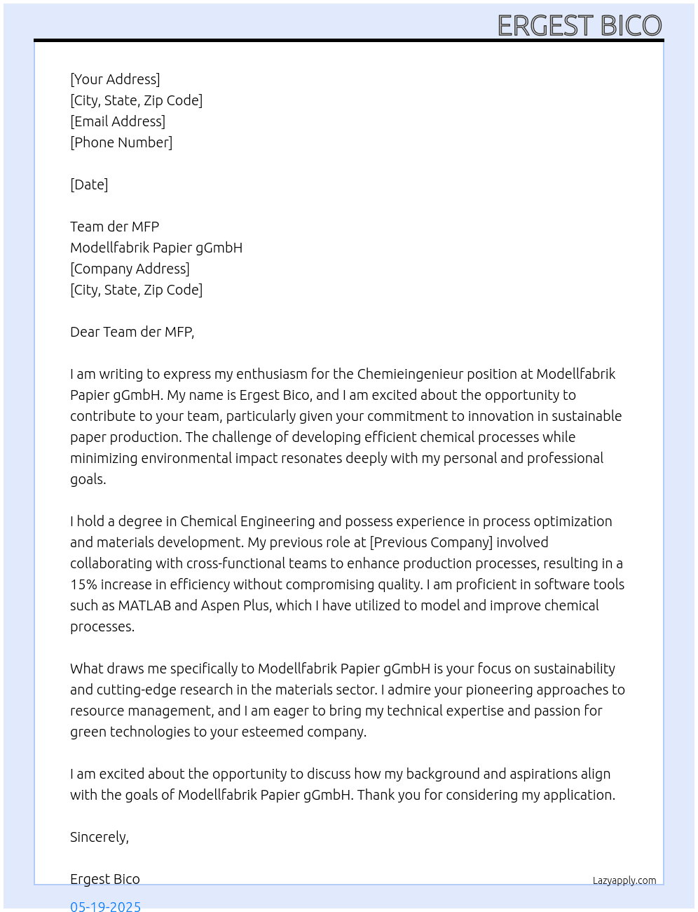 Chemieingenieur At Modellfabrik Papier gGmbH Cover Letter