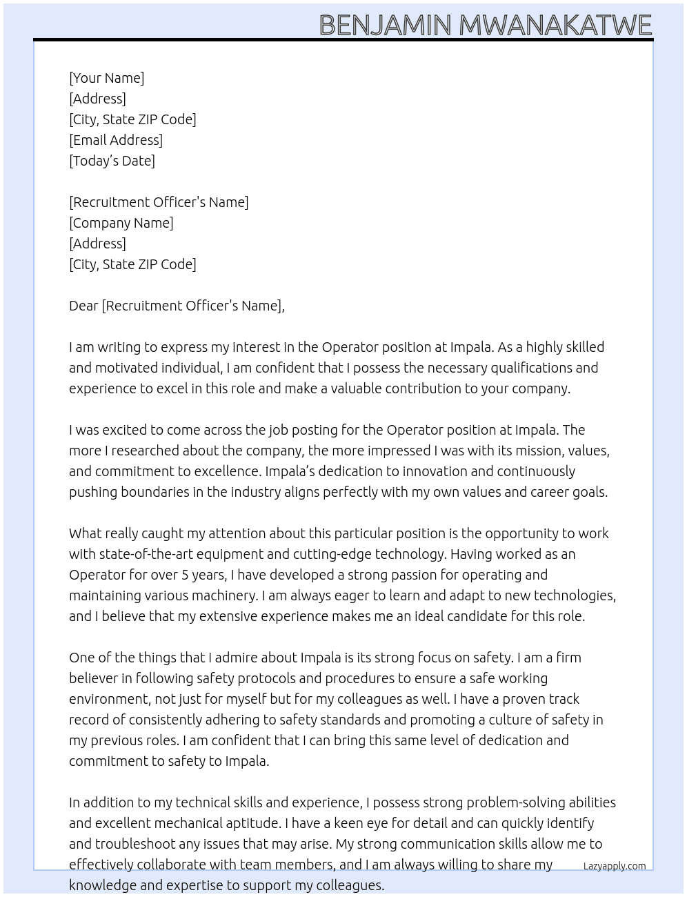 operator At Impala Cover Letter