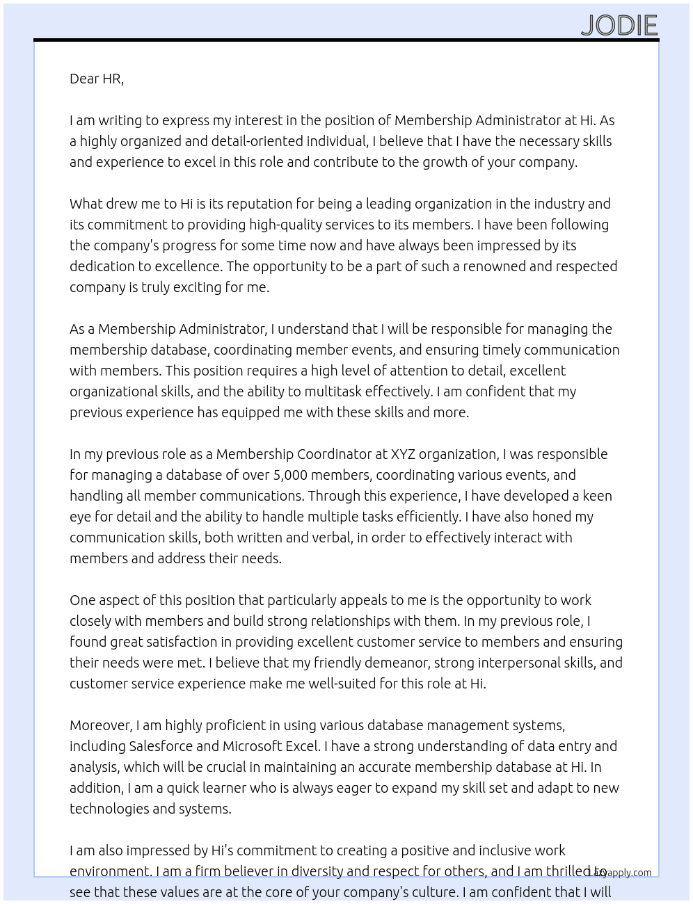 Cover letter for membership administrator - LazyApply