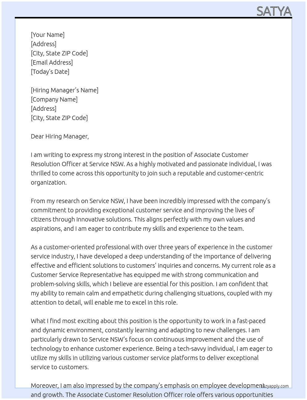 Associate Customer Resolution Officer At Service NSW Cover Letter